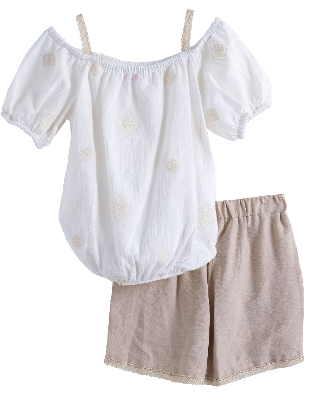 Παιδικό σετ κορίτσι με λευκή μπλούζα ώμου και μπεζ σορτς με δαντέλα,60%cotto35%vis5%ny,Regular Fit.