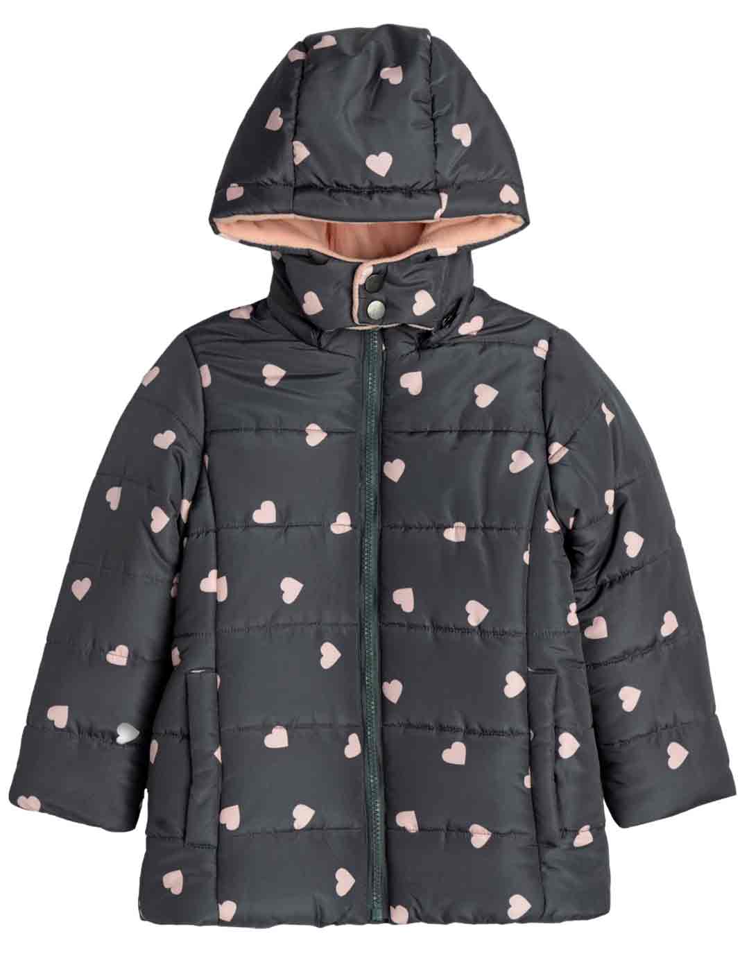 Μπουφάν για κορίτσι με κουκούλα ανθρακί-ροζ allover print καρδούλες, Regular Fit, 100% πολυεστέρας.