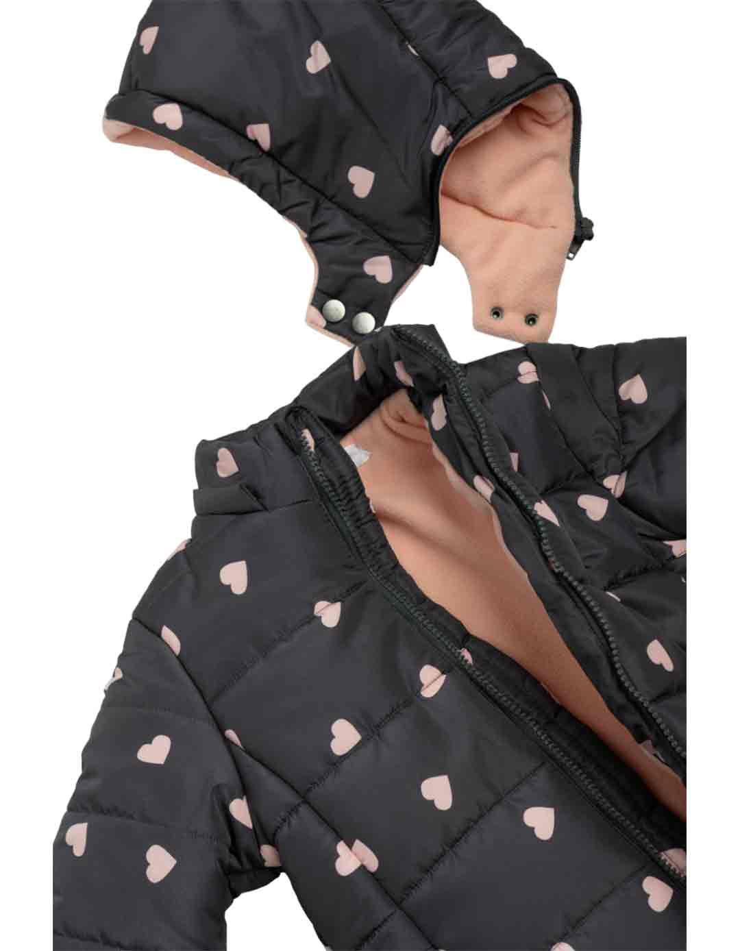 Μπουφάν για κορίτσι με κουκούλα ανθρακί-ροζ allover print καρδούλες, Regular Fit, 100% πολυεστέρας. Μπουφάν για κορίτσι με κουκούλα ανθρακί-ροζ allover print καρδούλες, Regular Fit, 100% πολυεστέρας.