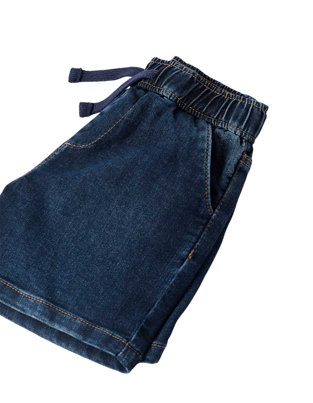 Παιδικό τζιν σορτς για αγόρι, σκούρο μπλε, με λάστιχο και κορδόνι στη μέση,slim Fit, 100% βαμβάκι.