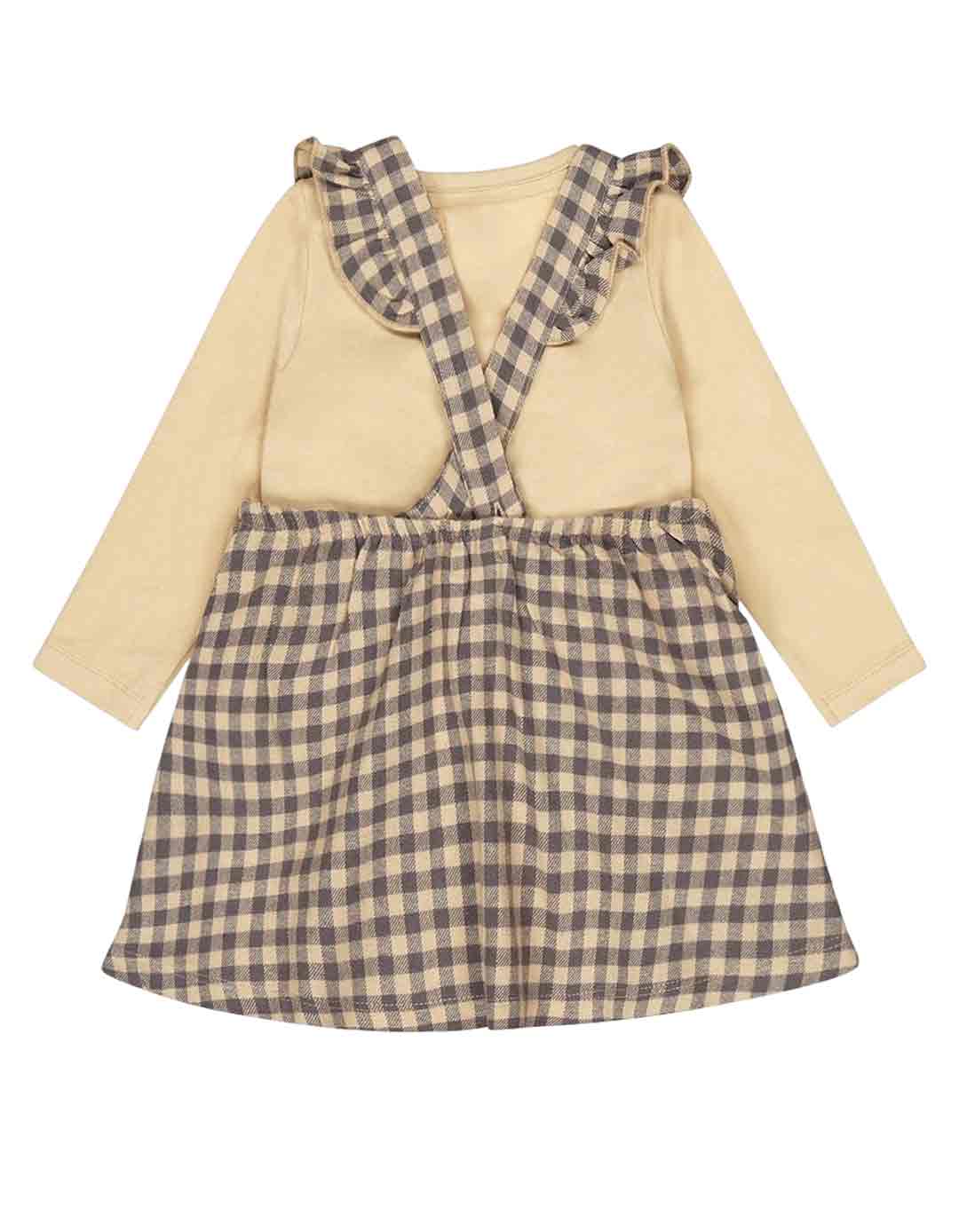 Παιδικό φόρεμα με καρό τιράντες και μπεζ μπλούζα