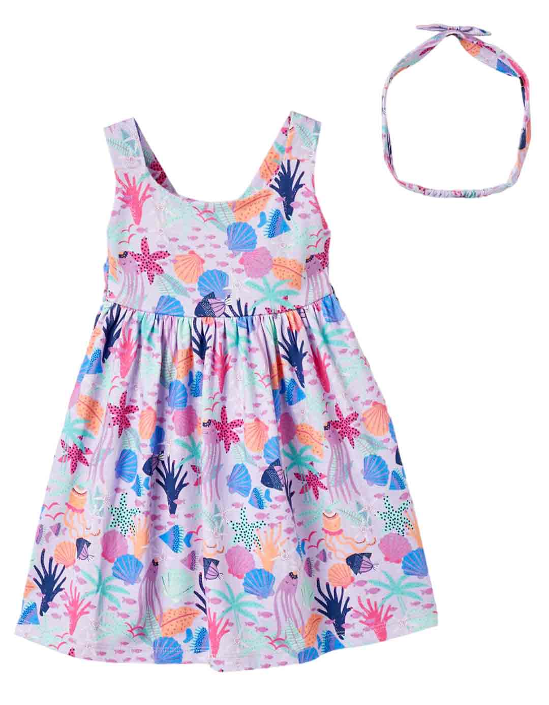 Παιδικό φόρεμα εμπριμέ και κορδέλα, λιλά , 100% βαμβάκι,Regular Fit .