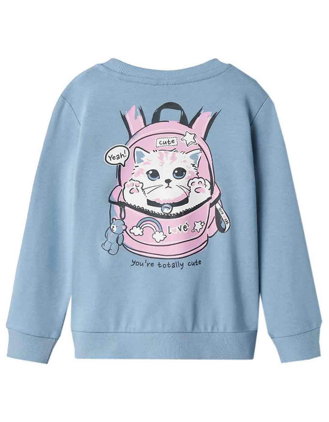 Παιδική μπλούζα φούτερ χωρίς χνούδι με γατούλα για κορίτσι μπλε