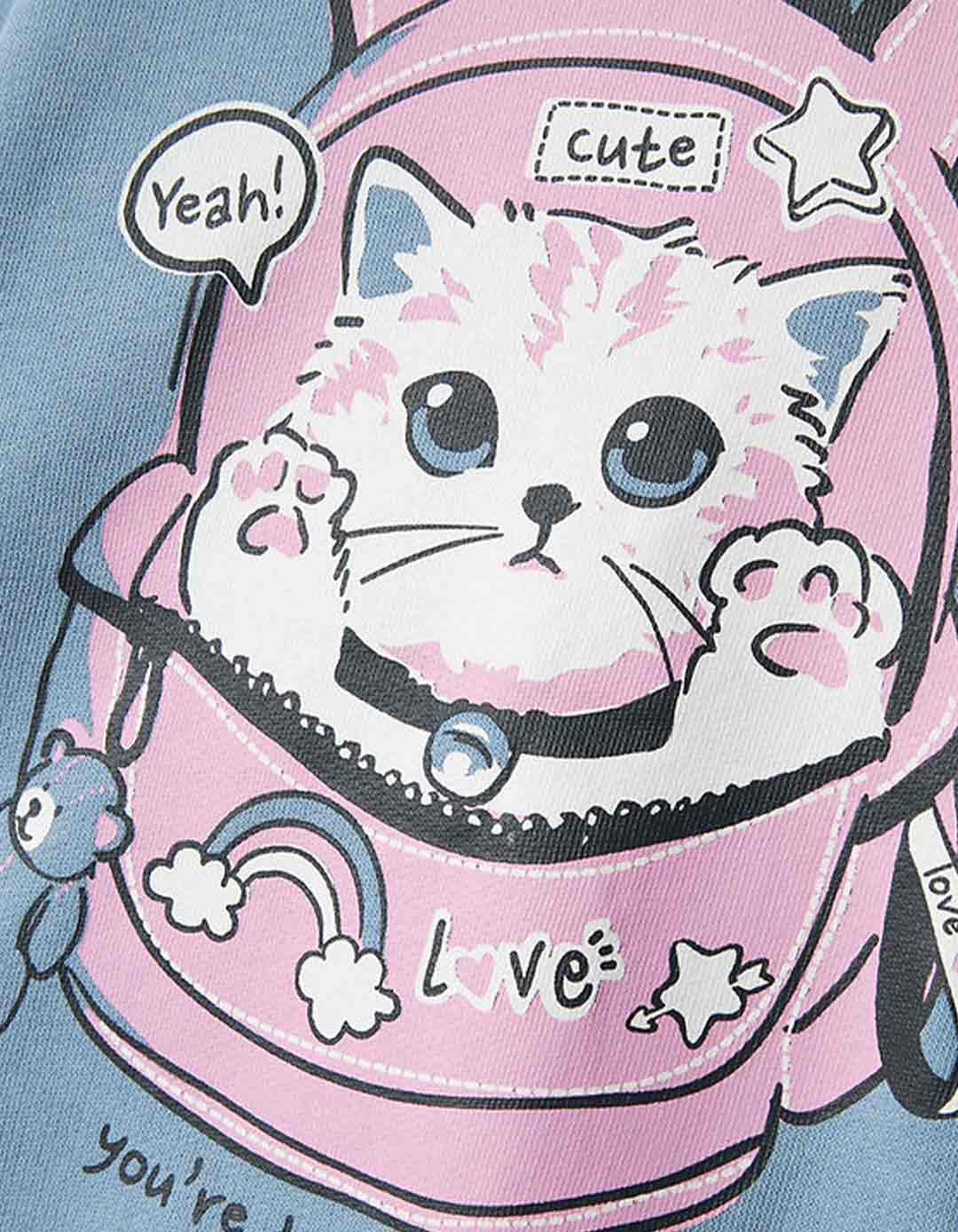 Παιδική μπλούζα φούτερ χωρίς χνούδι με γατούλα για κορίτσι μπλε