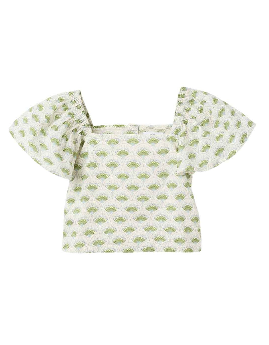 Παιδικό μπλουζάκι για κορίτσι με φουσκωτά μανίκια και σχέδιο βεντάλια σε απόχρωση εκρού-πράσινο. Slim fit