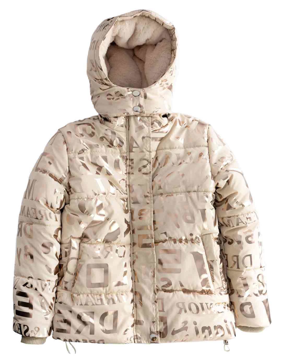 Μπουφάν για κορίτσι με κουκούλα μπεζ allover print, Regular Fit, 100% πολυεστέρας.