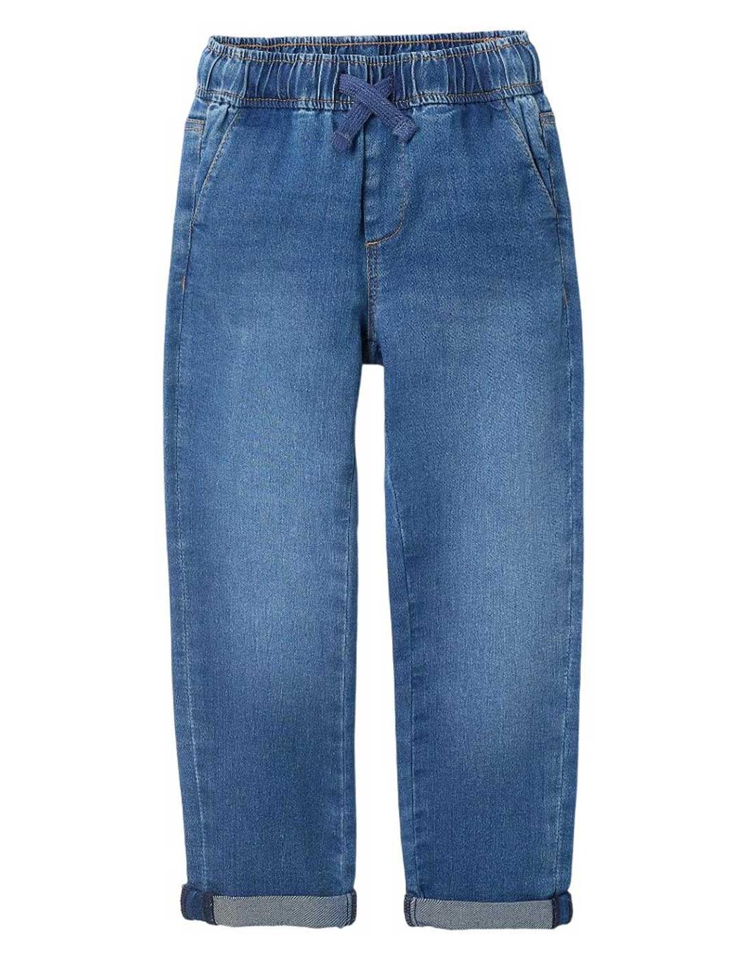Άνετο παιδικό τζιν παντελόνι με λάστιχο και κορδόνι. Slim fit.