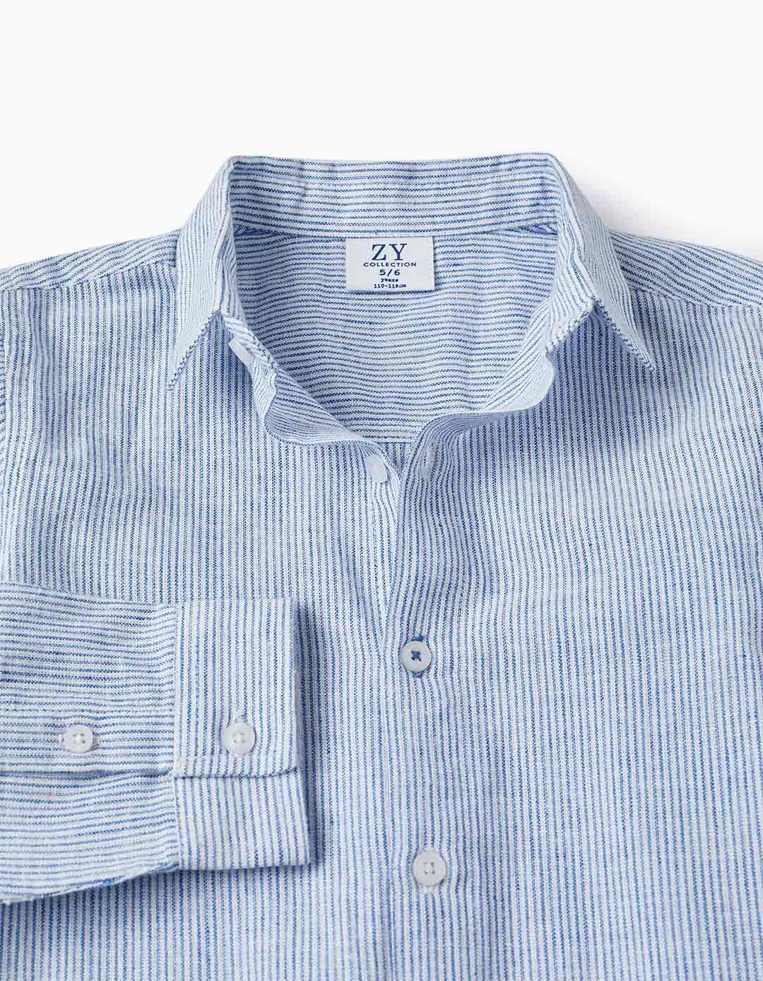 Παιδικό μακρυμάνικο πουκάμισο ριγέ για αγόρι, μπλε, Slim Fit, 73% βαμβάκι, 27% λινό.