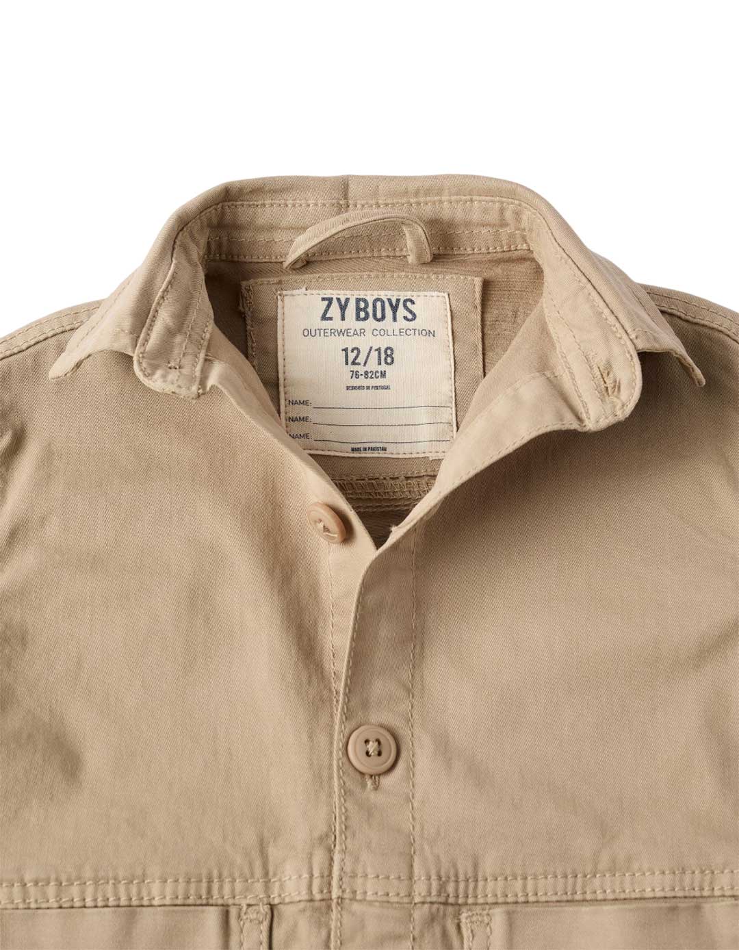Παιδικό πουκάμισο overshirt για αγόρι με κουμπιά και τσέπες, μπεζ, Slim Fit, 100% βαμβάκι.