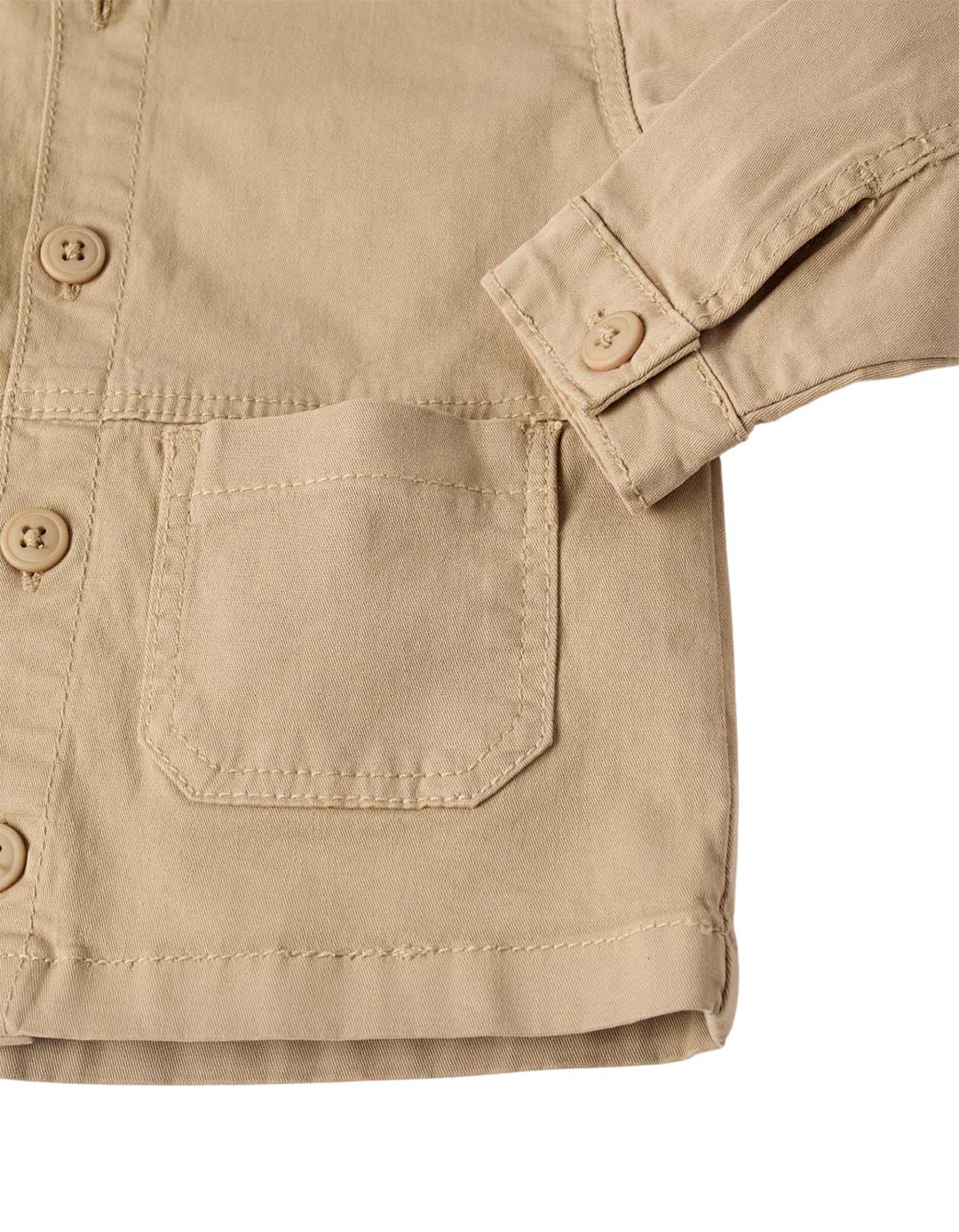Παιδικό πουκάμισο overshirt για αγόρι με κουμπιά και τσέπες, μπεζ, Slim Fit, 100% βαμβάκι.
