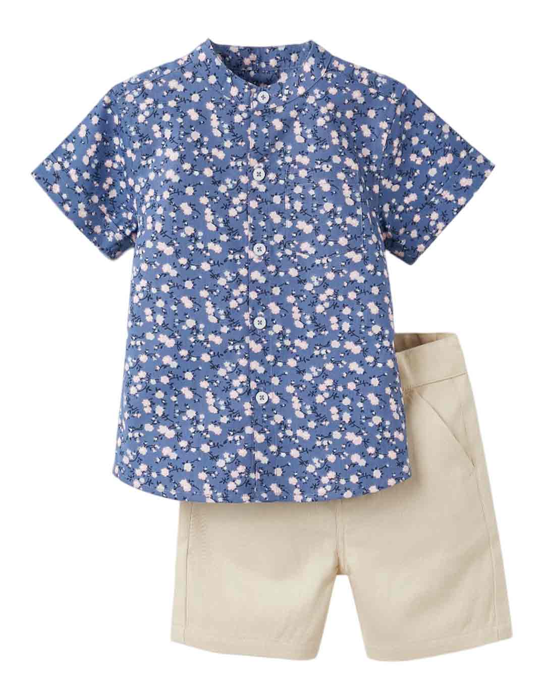 Παιδικό κοντομάνικο πουκάμισο και βερμούδα για αγόρι, μωβ-μπεζ, Slim Fit, 100% βαμβάκι.