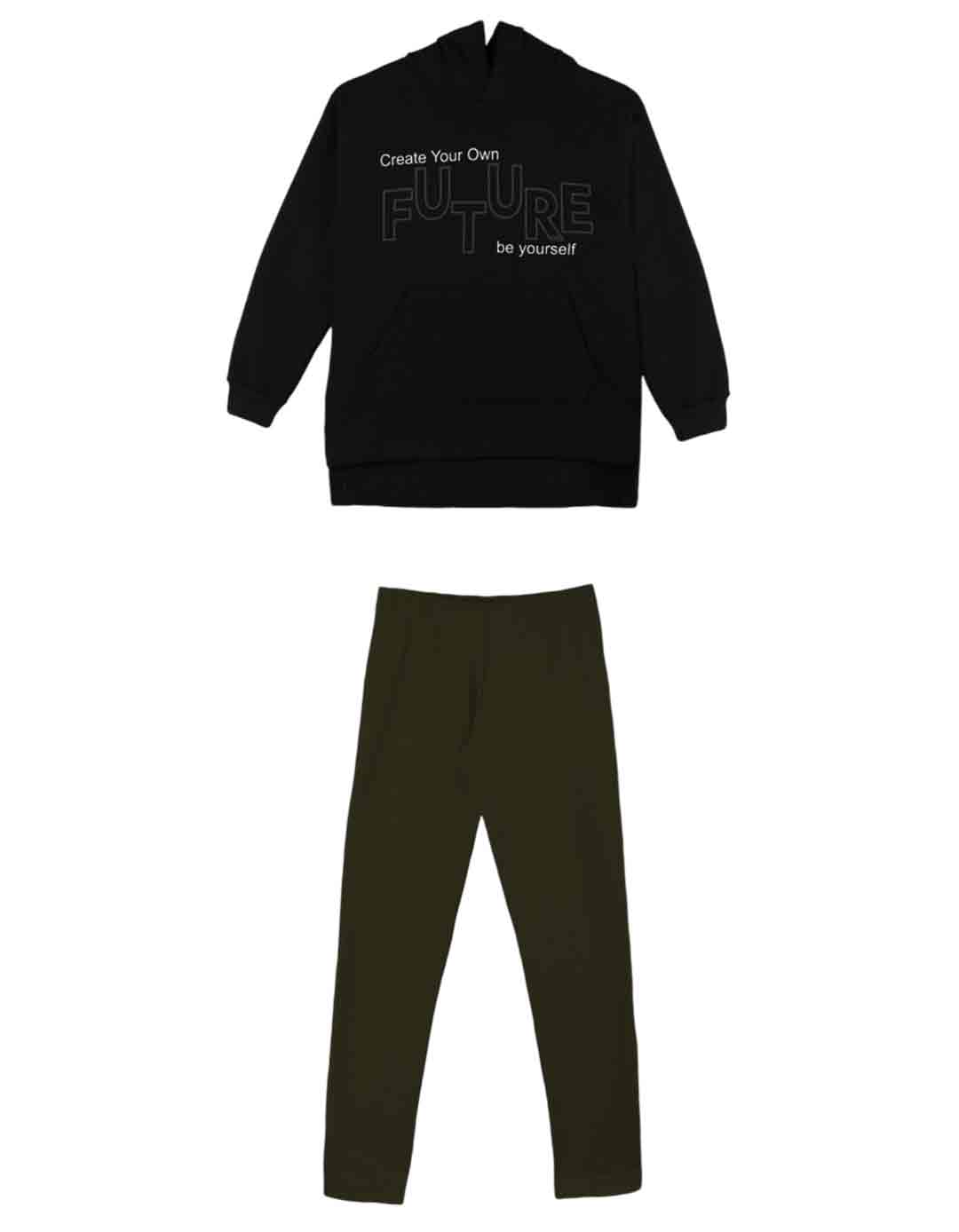 Παιδικό σετ για κορίτσι  με κουκούλα χακί -μαύρο, Regular Fit, 80% βαμβάκι, 20% πολυεστέρας. Παιδικό σετ για κορίτσι  με κουκούλα χακί -μαύρο, Regular Fit, 80% βαμβάκι, 20% πολυεστέρας.