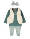 Βρεφικό σετ κοριτσιού μπεζ πράσινο με γιλέκο και κορδέλα