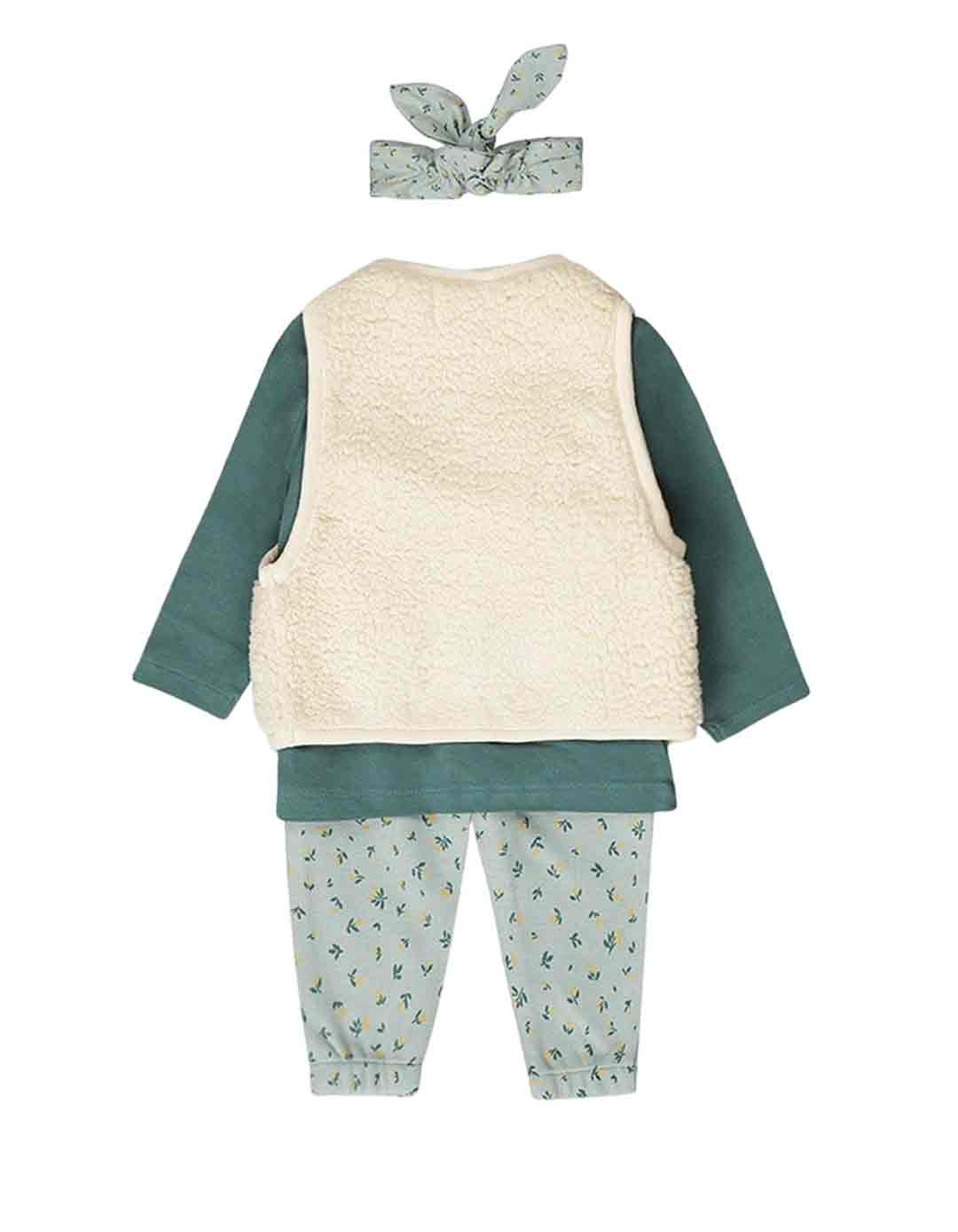 Βρεφικό σετ κοριτσιού μπεζ πράσινο με γιλέκο και κορδέλα
