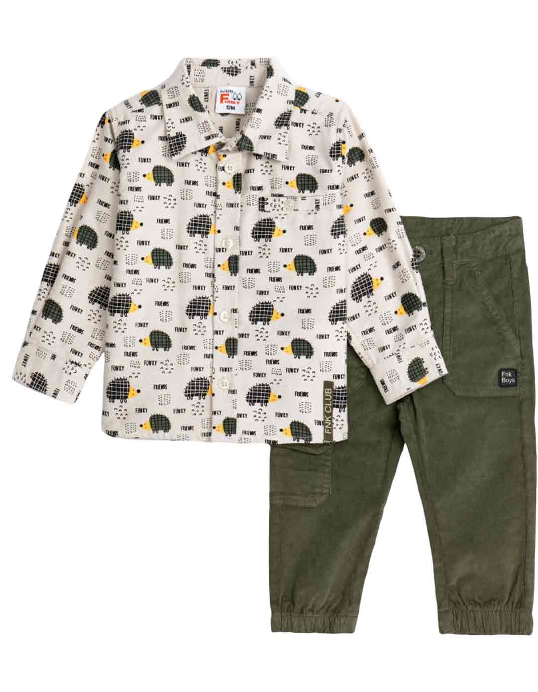 Βρεφικό σετ για αγόρι, πουκάμισο και κοτλέ cargo παντελόνι, μπεζ-πρασινο , Regular Fit, 100% βαμβάκι.