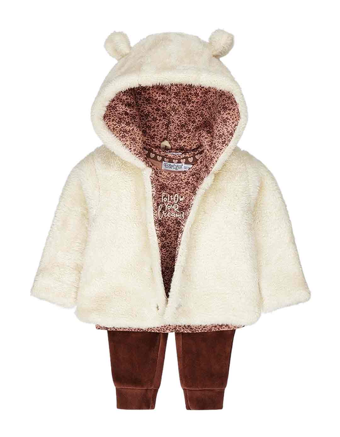 Βρεφικό σετ  με ζακέτα γούνινη, μπλούζα ροζ και καφέ παντελόνι για κορίτσι μπεζ-ροζ-καφε, Regular Fit, ζακέτας: 100% Pl; Ζακέτα φόδρα+t-shirt: 95% Co/ 5% El; Παντελόνι: 80% Co/ 20% Pl.