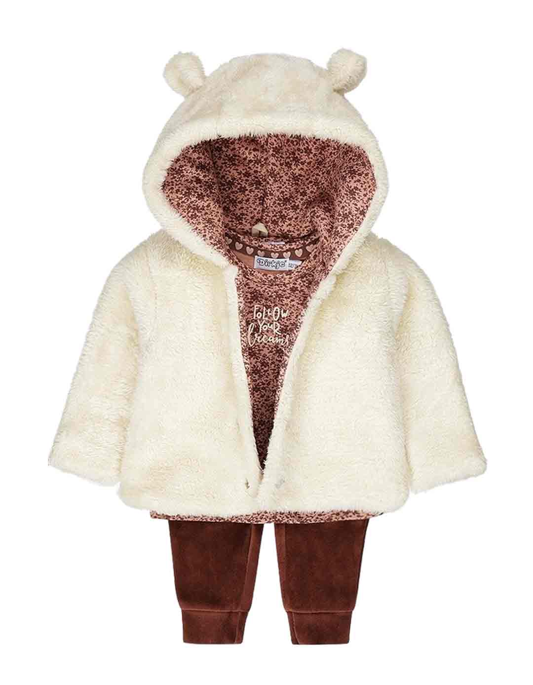 Βρεφικό σετ  με ζακέτα γούνινη, μπλούζα ροζ και καφέ παντελόνι για κορίτσι μπεζ-ροζ-καφε, Regular Fit, ζακέτας: 100% Pl; Ζακέτα φόδρα+t-shirt: 95% Co/ 5% El; Παντελόνι: 80% Co/ 20% Pl.