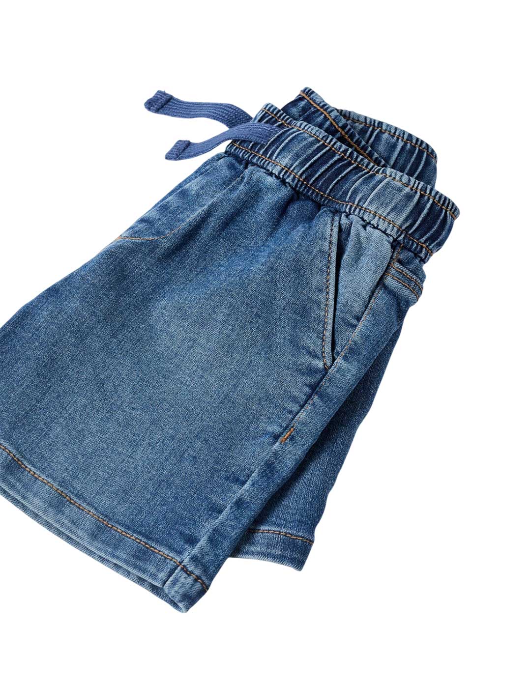 Παιδικό τζιν σορτς για αγόρι, μπλε, με λάστιχο και κορδόνι στη μέση,slim Fit, 100% βαμβάκι.