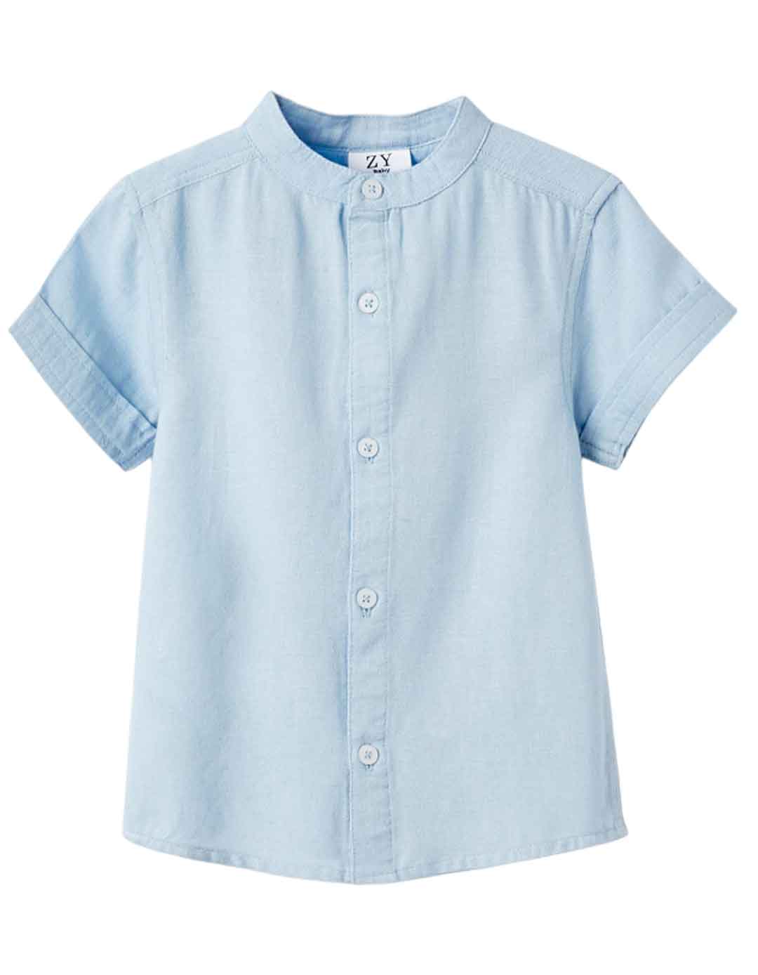 Παιδικό πουκάμισο κοντομάνικο για αγόρι, γαλάζιο, Slim Fit, 50% βισκόζη, 41% βαμβάκι, 9% λινό.