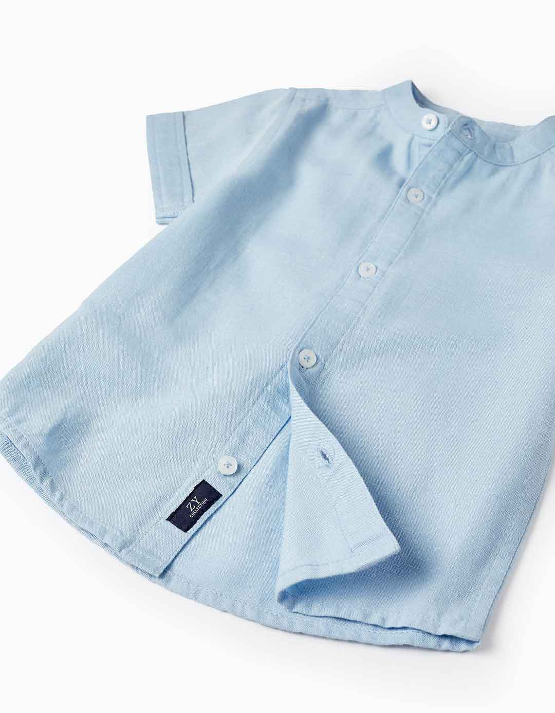 Παιδικό πουκάμισο κοντομάνικο για αγόρι, γαλάζιο, Slim Fit, 50% βισκόζη, 41% βαμβάκι, 9% λινό.