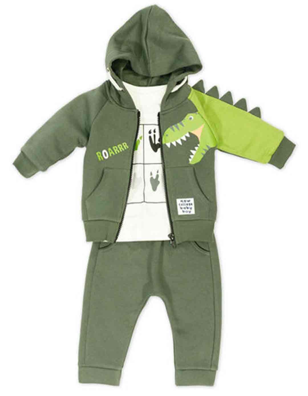 Βρεφικό σετ φόρμα για αγόρι με 3 ταμάχια, πράσινο- λευκό, Regular Fit, 100% βαμβάκι.