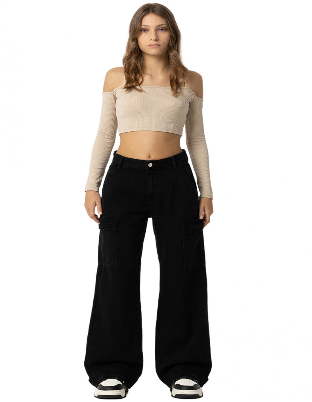 Παιδικό φαρδύ παντελόνι τζιν cargo για κορίτσι, μαύρο, Regular Fit, 100%βαμβάκι.