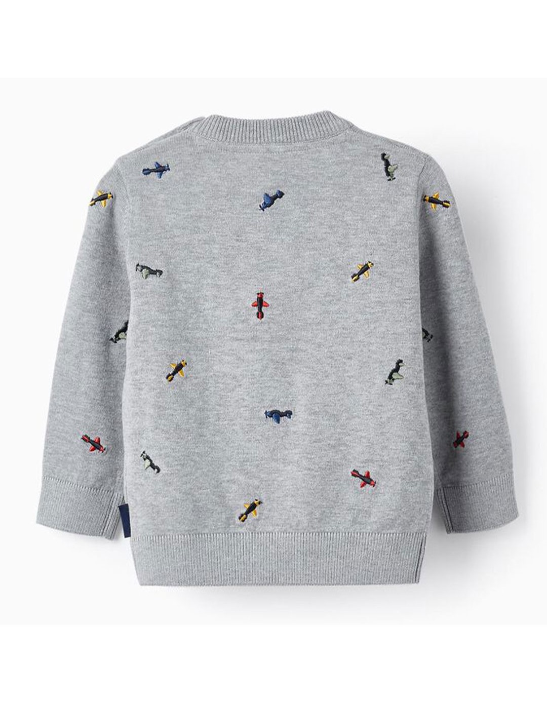 Πλεκτό παιδικό πουλόβερ για αγόρι σε γκρι χρώμα με σχέδια αεροπλανάκια 