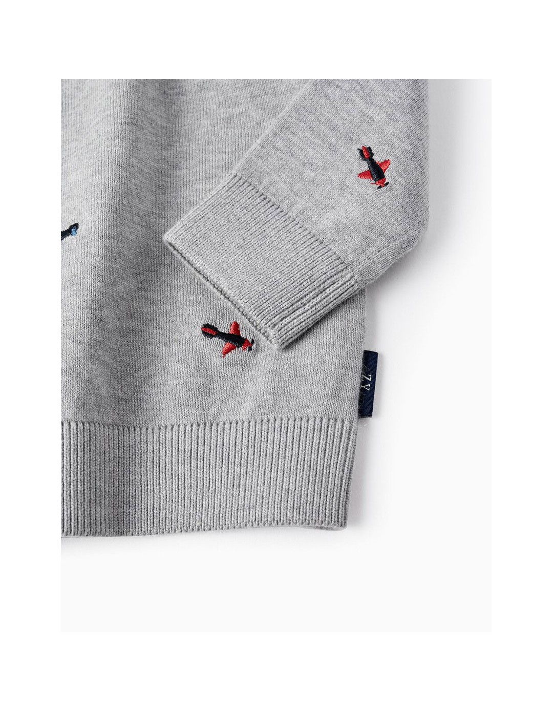 Πλεκτό παιδικό πουλόβερ για αγόρι σε γκρι χρώμα με σχέδια αεροπλανάκια 