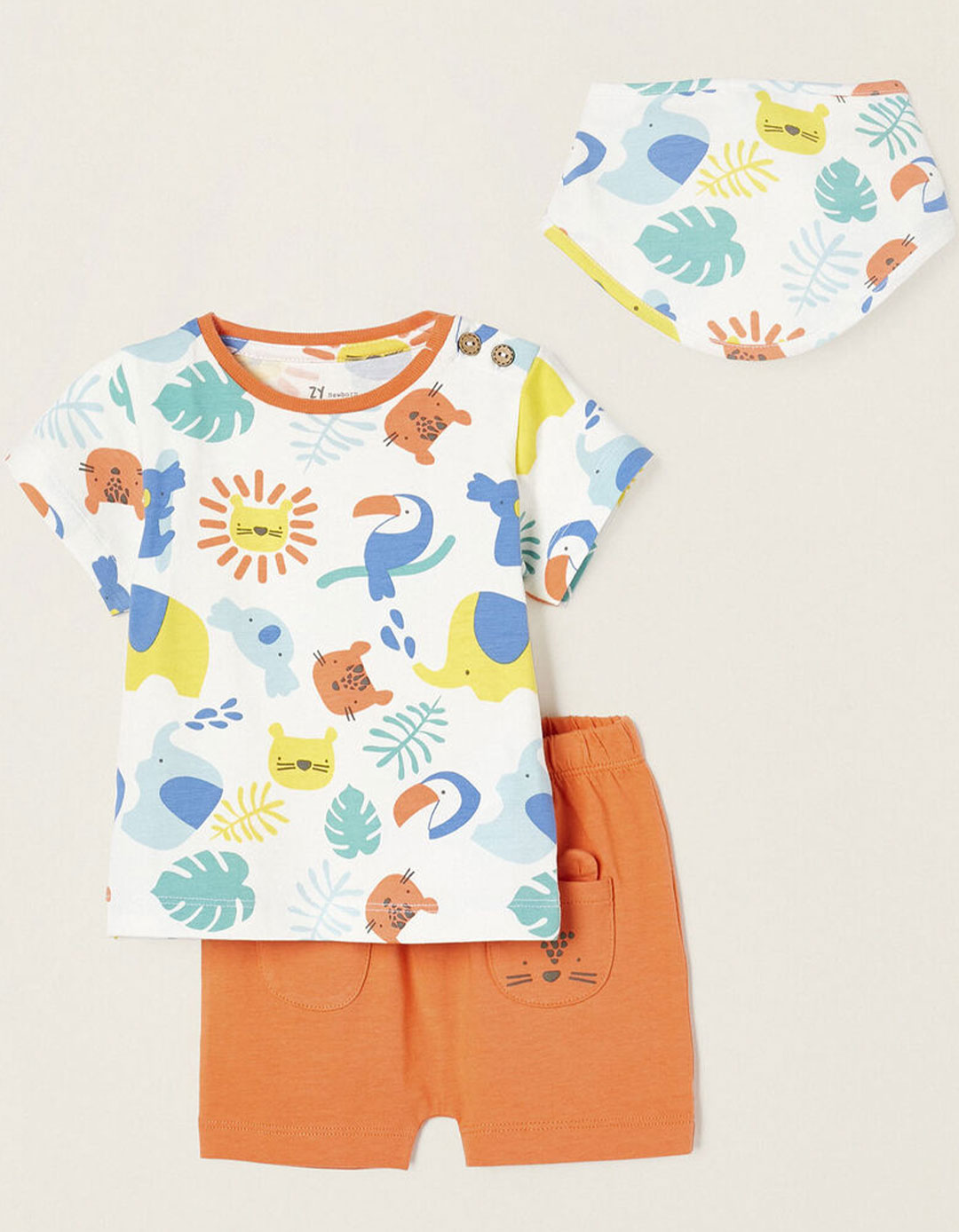  Σετ για αγόρι με μπλουζάκι, σορτς και σαλιάρα Πορτοκαλί, Slim Fit, 100% βαμβάκι.
