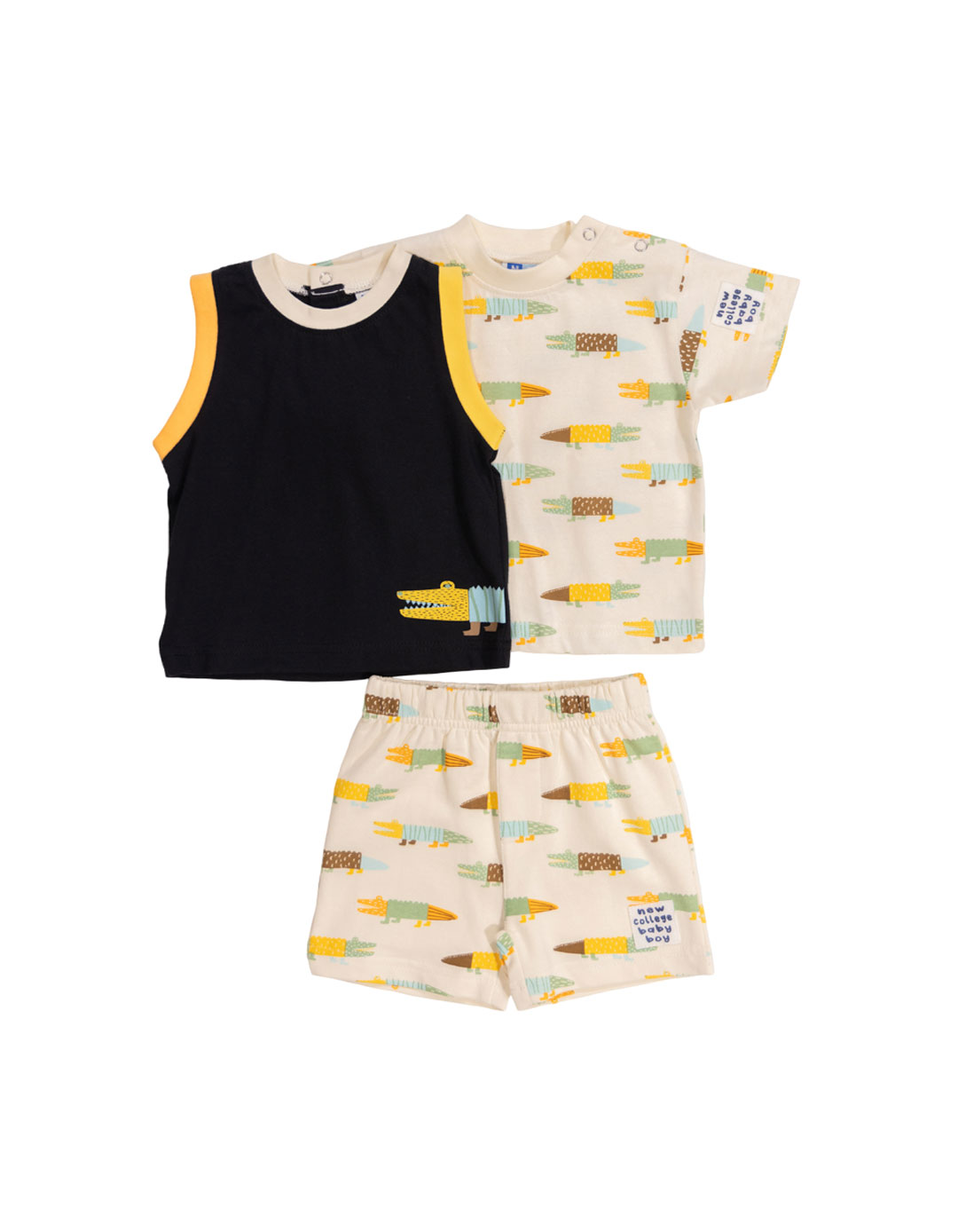 Βρεφικό σετ 3 τμχ για αγόρι, με 2 μπλουζάκια και βερμούδα, λευκό-μαύρο, Regular Fit, 100% βαμβάκι.