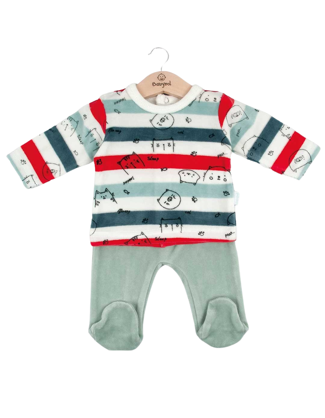 Σετ βελουτέ για αγόρι ριγέ μέντα, Regular Fit, 76% βαμβάκι, 24% πολυεστέρας.