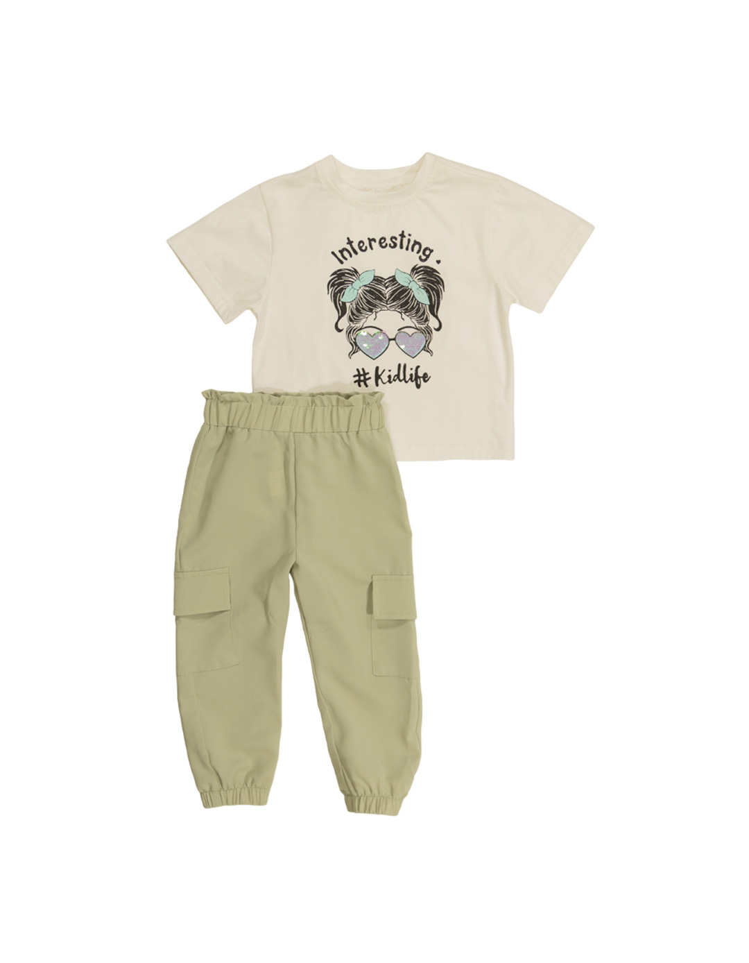 Παιδικό σετ για κορίτσι με μπλούζα και παντελόνι cargo, λευκο-χακί, Regular Fit, 95% βαμβάκι, 5% ελαστίνη-100% πολυεστέρας. Παιδικό σετ για κορίτσι με μπλούζα και παντελόνι cargo, λευκο-χακί, Regular Fit, 95% βαμβάκι, 5% ελαστίνη-100% πολυεστέρας.