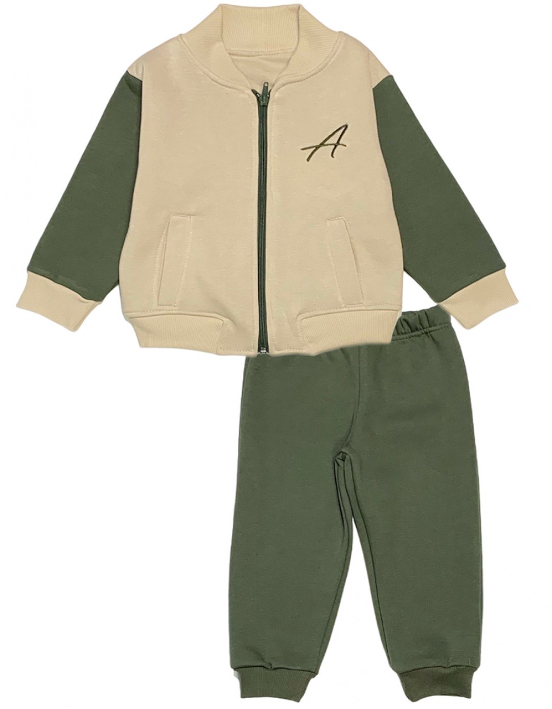 Παιδικό σετ φόρμα για αγόρι με ζακέτα, μπεζ-λαδί, Regular Fit, 65% βαμβάκι-35% πολυεστέρας.
