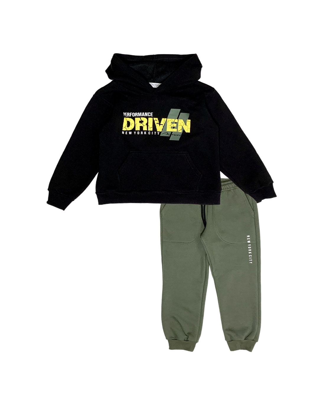 Παιδικό σετ φόρμα για αγόρι με κουκούλα, μαύρο-λαδί ,Regular Fit, 65% βαμβάκι,35% πολυεστέρας.