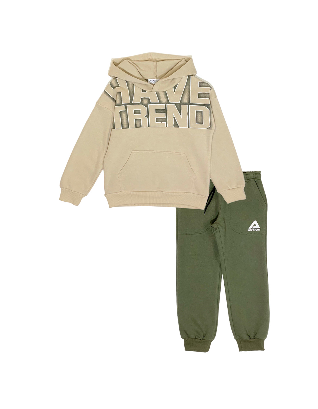 Παιδικό σετ φόρμα για αγόρι με κουκούλα, μπεζ-λαδί, Regular Fit, 65% βαμβάκι-35% πολυεστέρας.