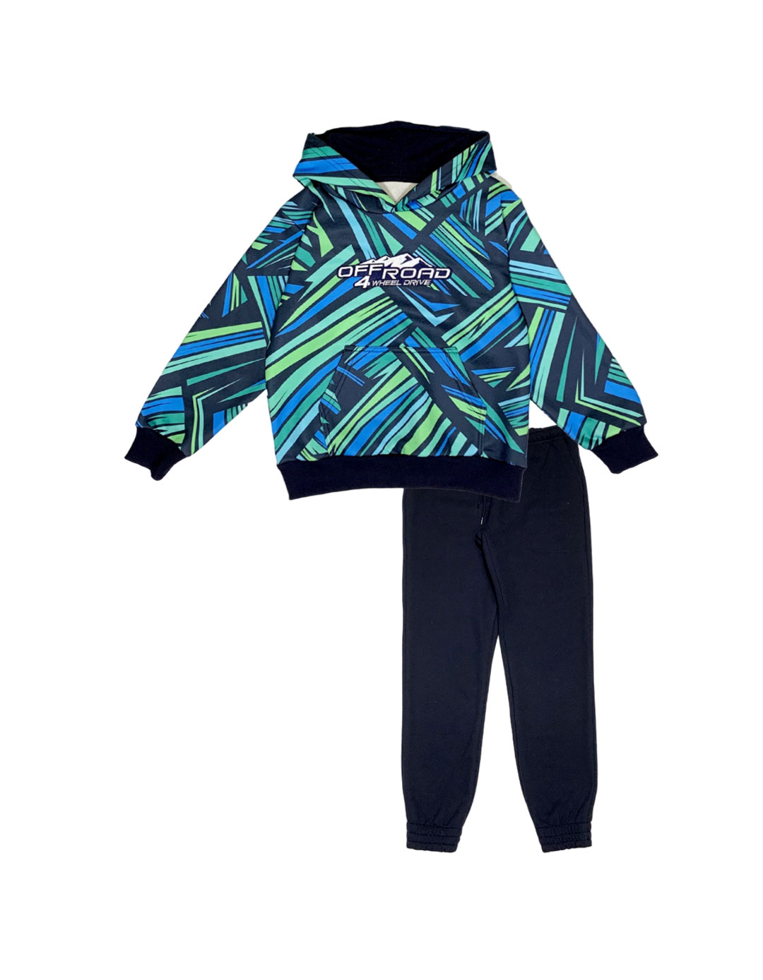 Παιδικό σετ φόρμα για αγόρι με κουκούλα, all over-μπλε μαρέν , Regular Fit, 65% βαμβάκι-35% πολυεστέρας.