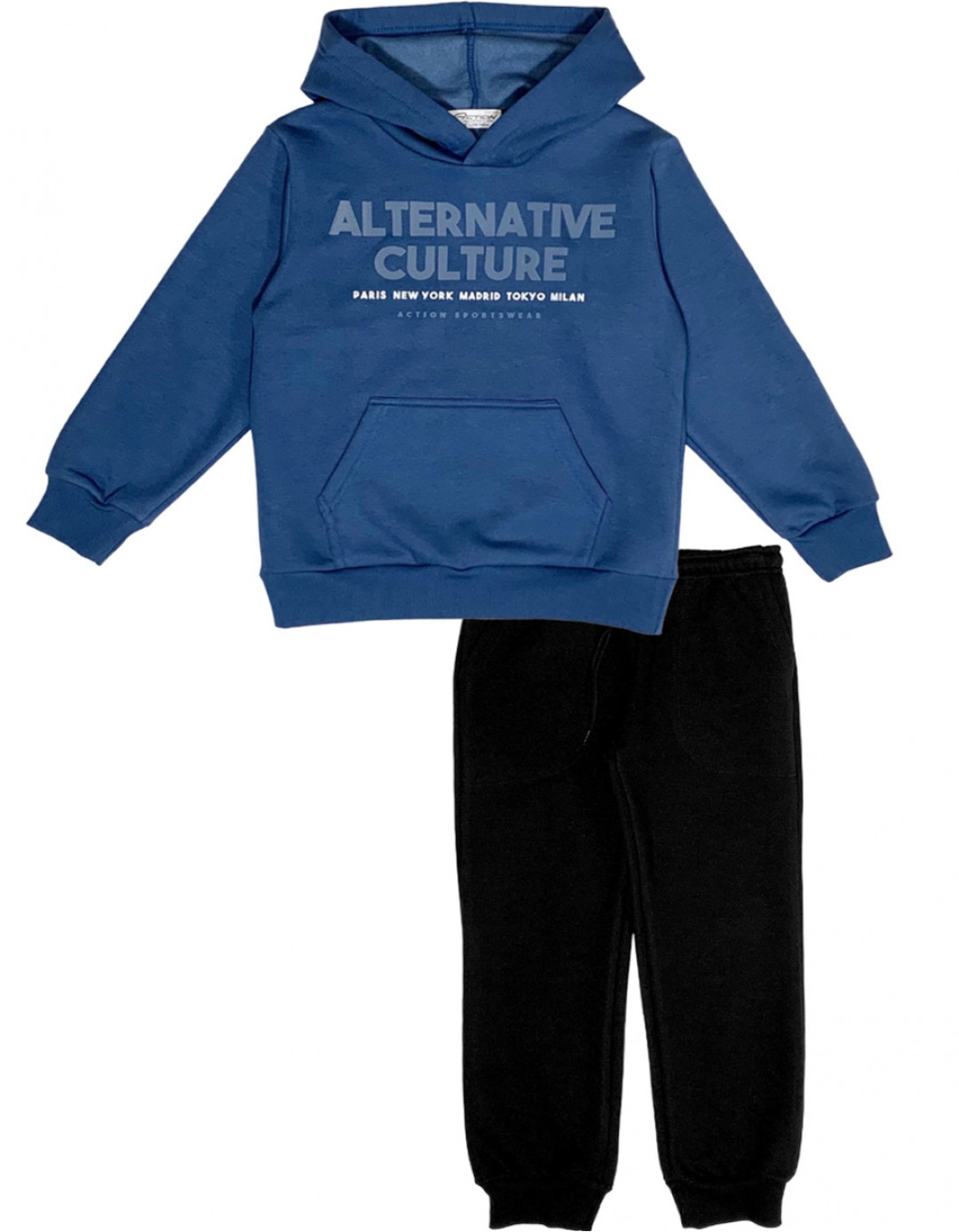 Παιδικό σετ φόρμα για αγόρι με κουκούλα, μπλε ρουα-μαύρο,Regular Fit, 65% βαμβάκι-35% πολυεστέρας.