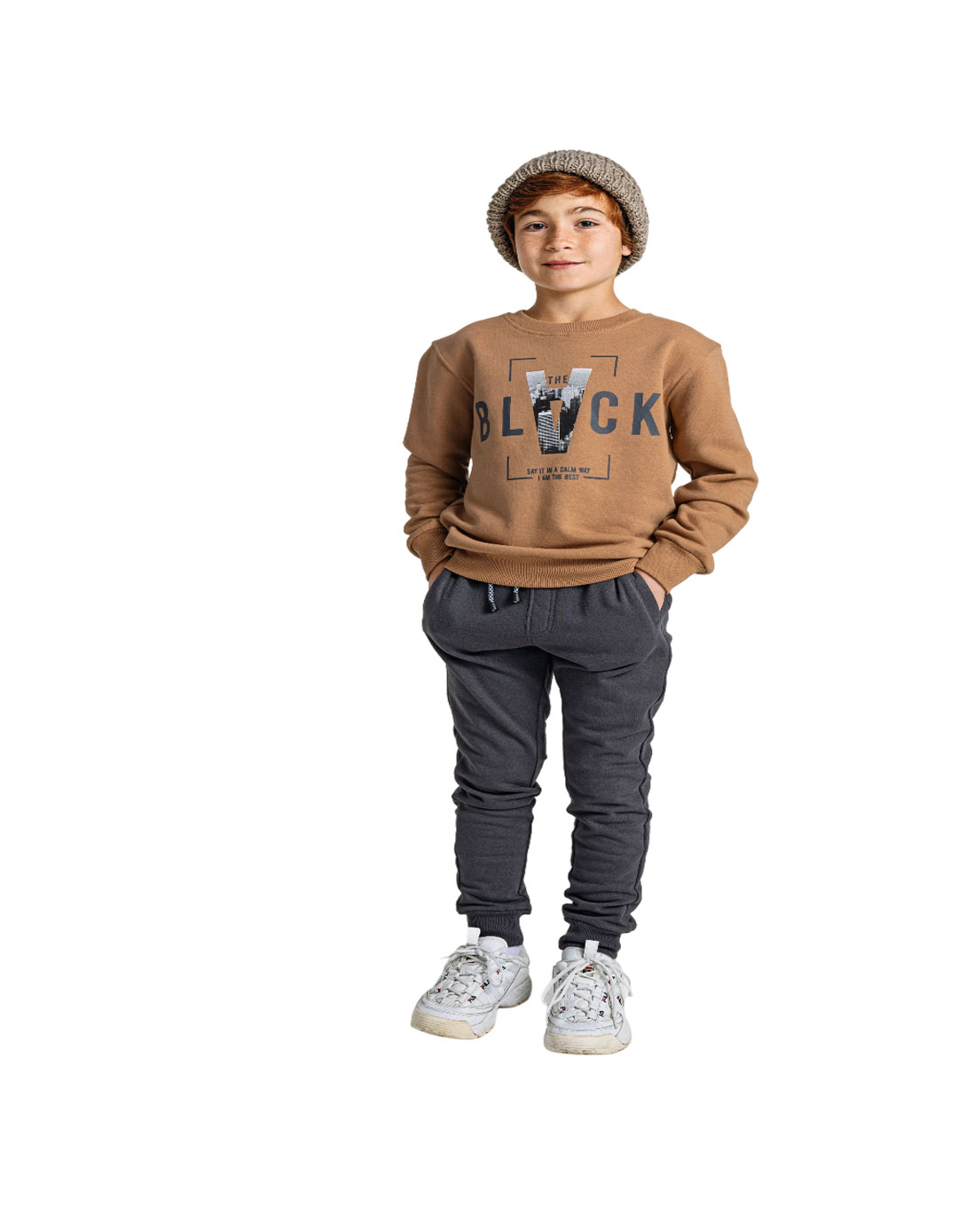 Παιδικό σετ φόρμα για αγόρι, καφέ-ανθρακί, Regular Fit, 60% βαμβάκι- 40% πολυεστέρας.