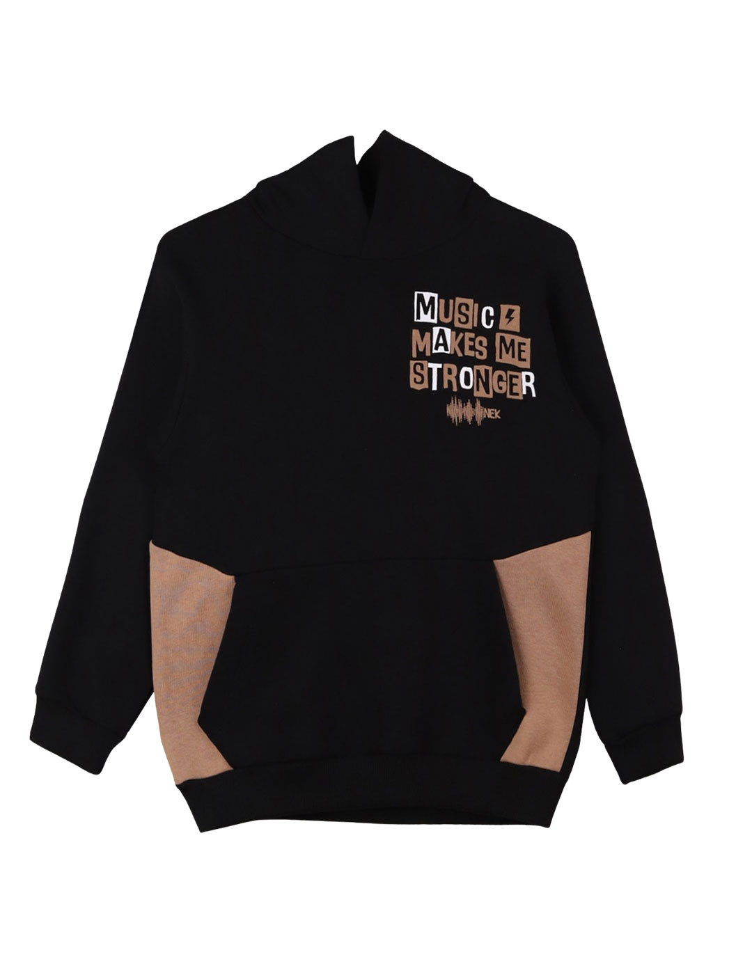 Παιδικό σετ φόρμα για αγόρι με κουκούλα, μαύρο-κάμελ, Regular Fit, 80% βαμβάκι, 20% πολυεστέρας.