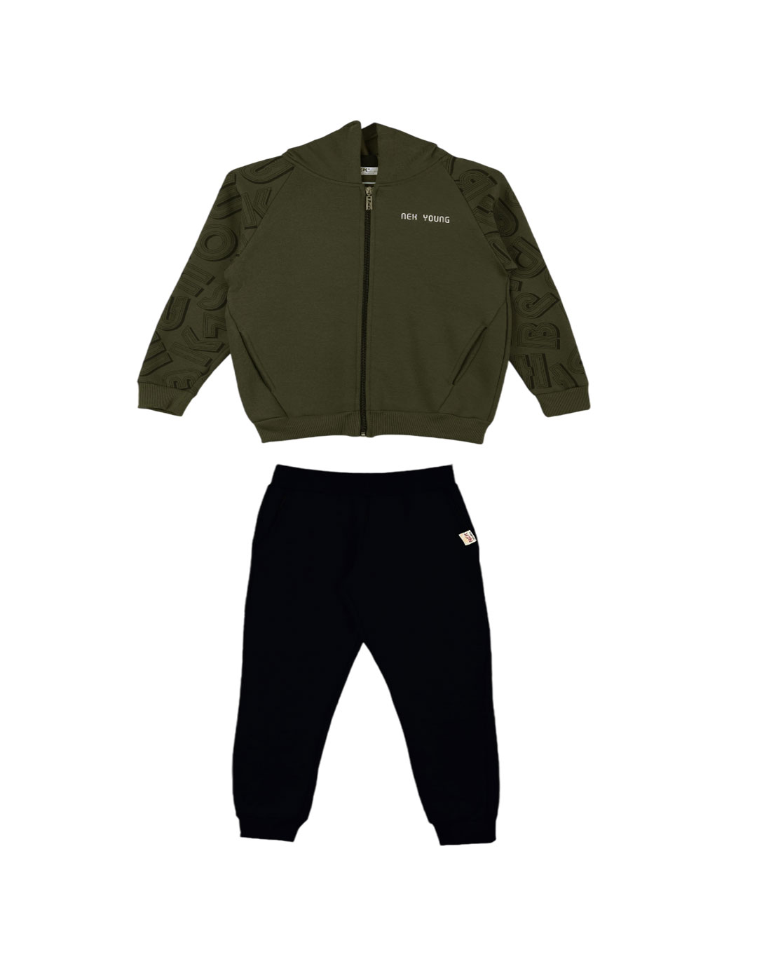 Παιδικό σετ φόρμα για αγόρι με κουκούλα, λαδί-μαύρο, Regular Fit, 80% βαμβάκι,20% πολυεστέρας.