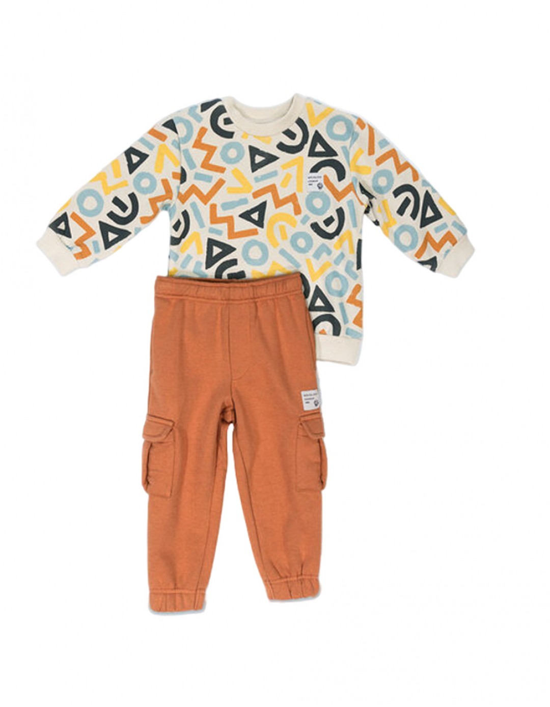 Παιδικό σετ φόρμα για αγόρι με κουκούλα, εκρού-κεραμιδί, Regular Fit, 60% βαμβάκι-40% πολυεστέρας.