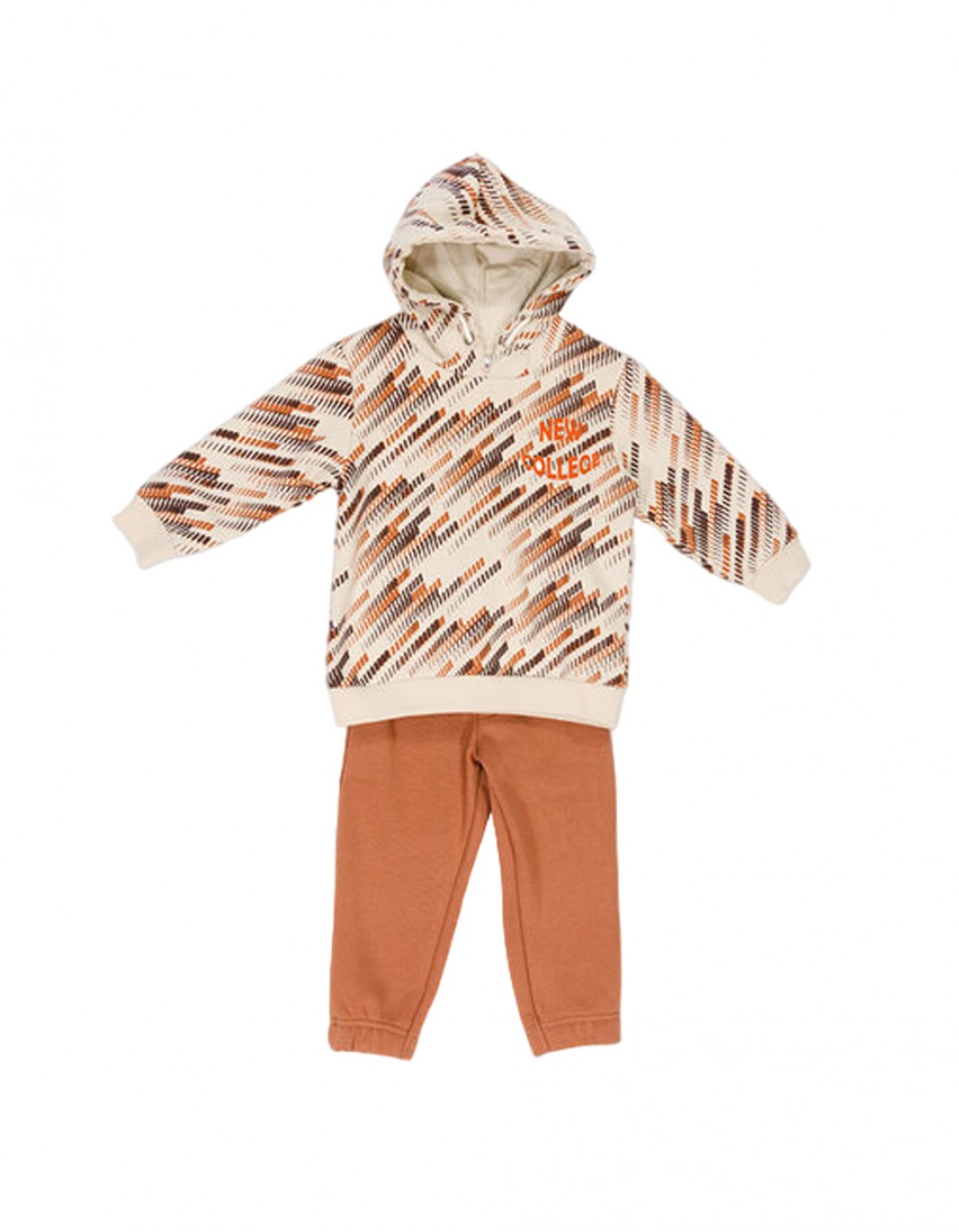 Παιδικό σετ φόρμα για αγόρι με κουκούλα, εκρού-κεραμιδί, Regular Fit, 60% βαμβάκι-40% πολυεστέρας.