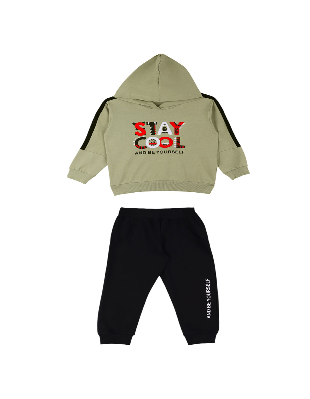 Παιδικό εποχιακό σετ φόρμα για αγόρι με κουκούλα, χακί- μαύρο, Regular Fit, 100% βαμβάκι.