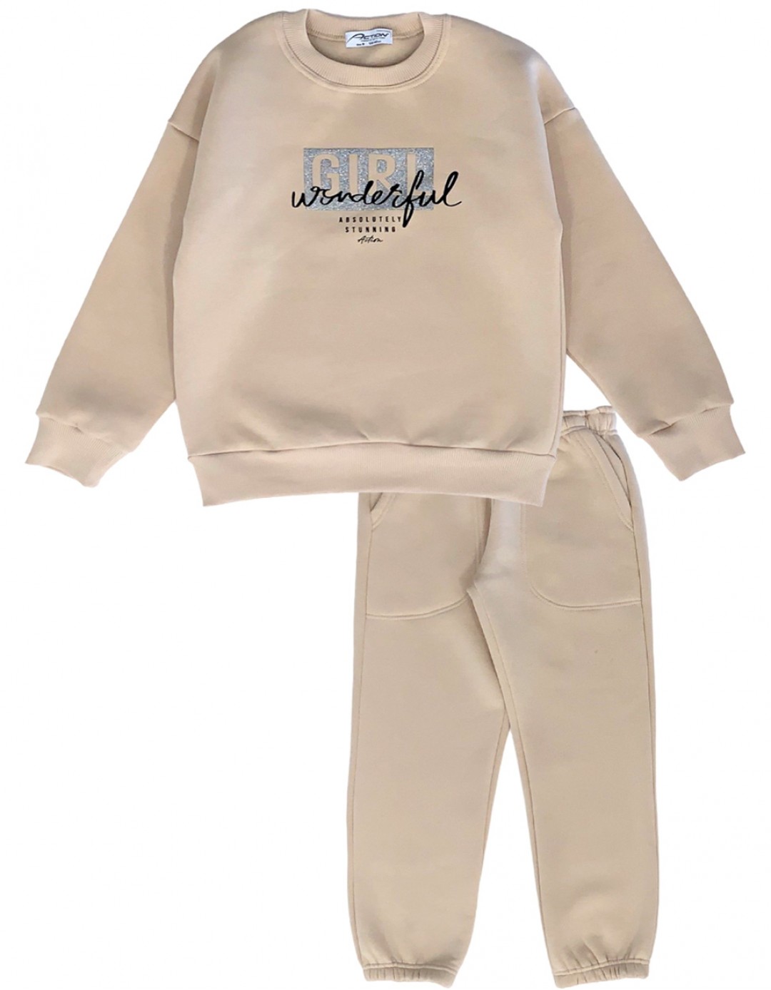 Παιδικό σετ φόρμα για κορίτσι, μπεζ, Regular Fit, 65% βαμβάκι-35% πολυεστέρας.