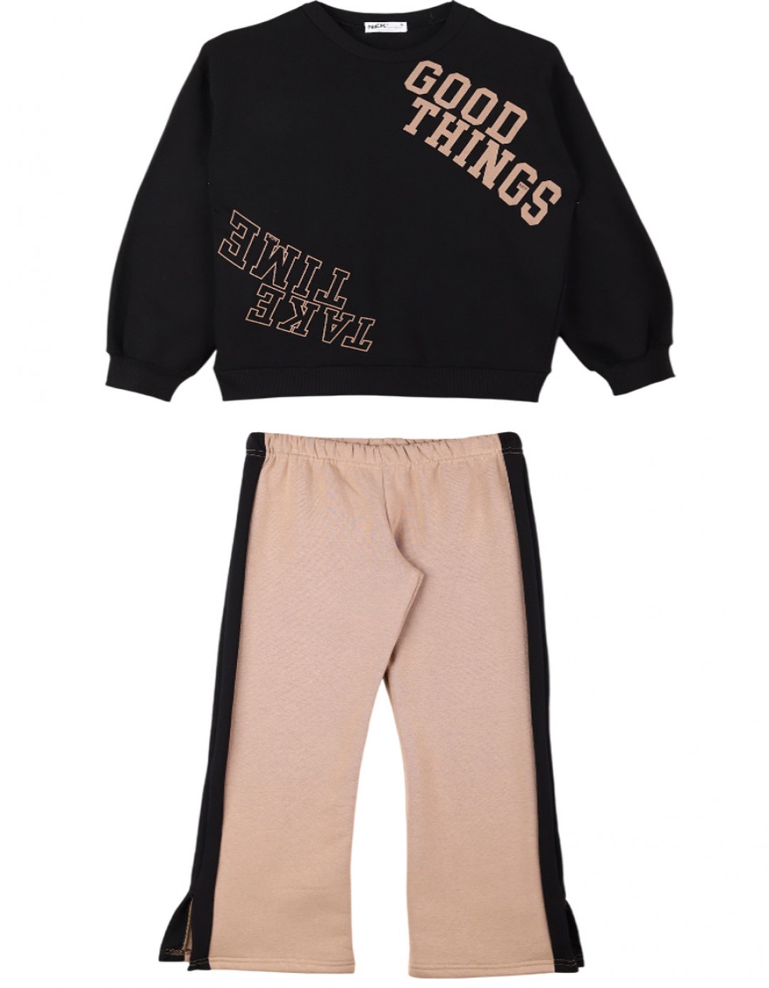 Παιδικό σετ φόρμα για κορίτσι, μαύρο-μπεζ, Regular Fit, 80% βαμβάκι-20% πολυεστέρας.