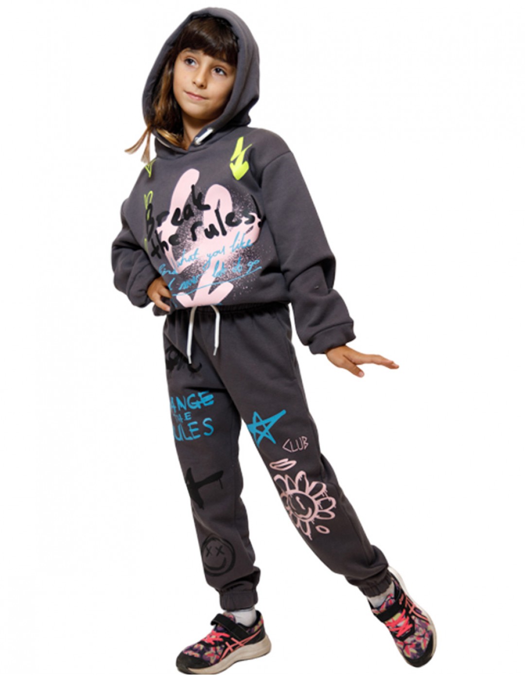 Παιδικό σετ φόρμα για κορίτσι με κουκούλα, ανθρακί,  Regular Fit, 60% βαμβάκι-40% πολυεστέρας. Παιδικό σετ φόρμα για κορίτσι με κουκούλα, ανθρακί,  Regular Fit, 60% βαμβάκι-40% πολυεστέρας.