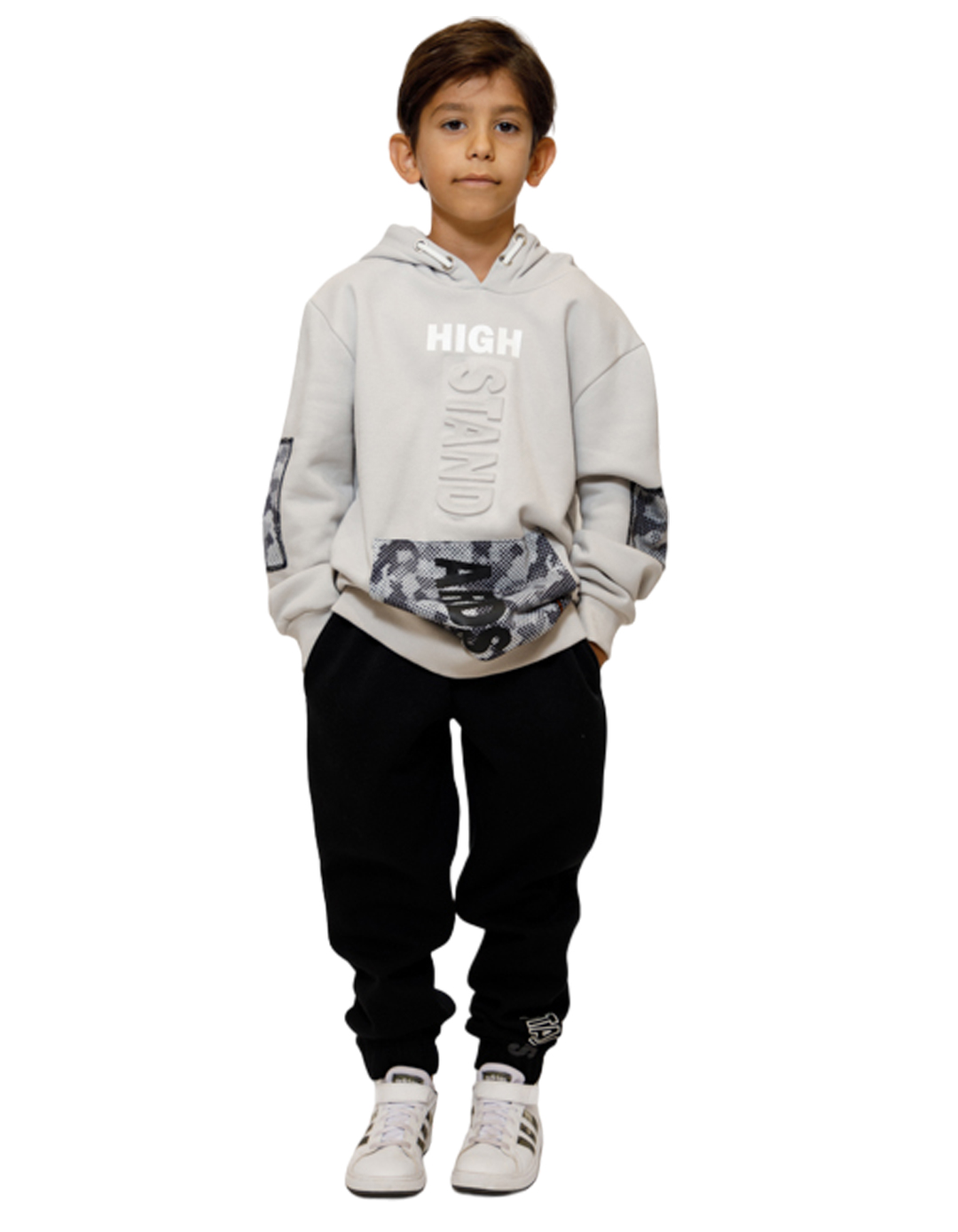 Παιδικό σετ φόρμα για αγόρι με κουκούλα, πάγου-ανθρακί, Regular Fit, 60% βαμβάκι-40% πολυεστέρας.