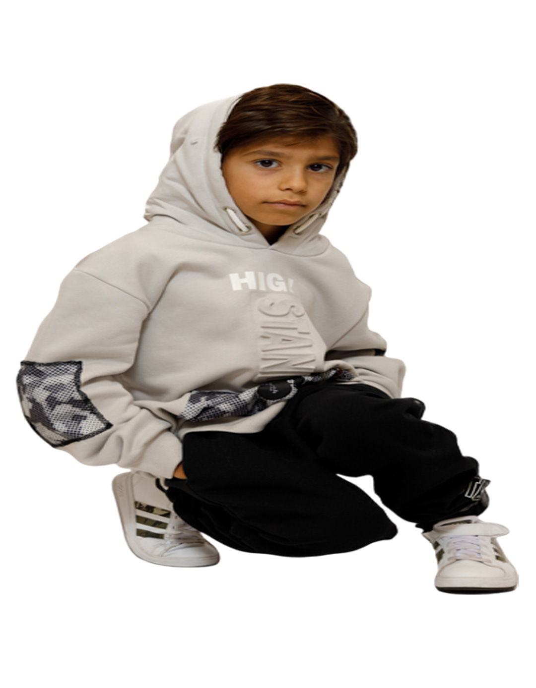 Παιδικό σετ φόρμα για αγόρι με κουκούλα, πάγου-ανθρακί, Regular Fit, 60% βαμβάκι-40% πολυεστέρας.