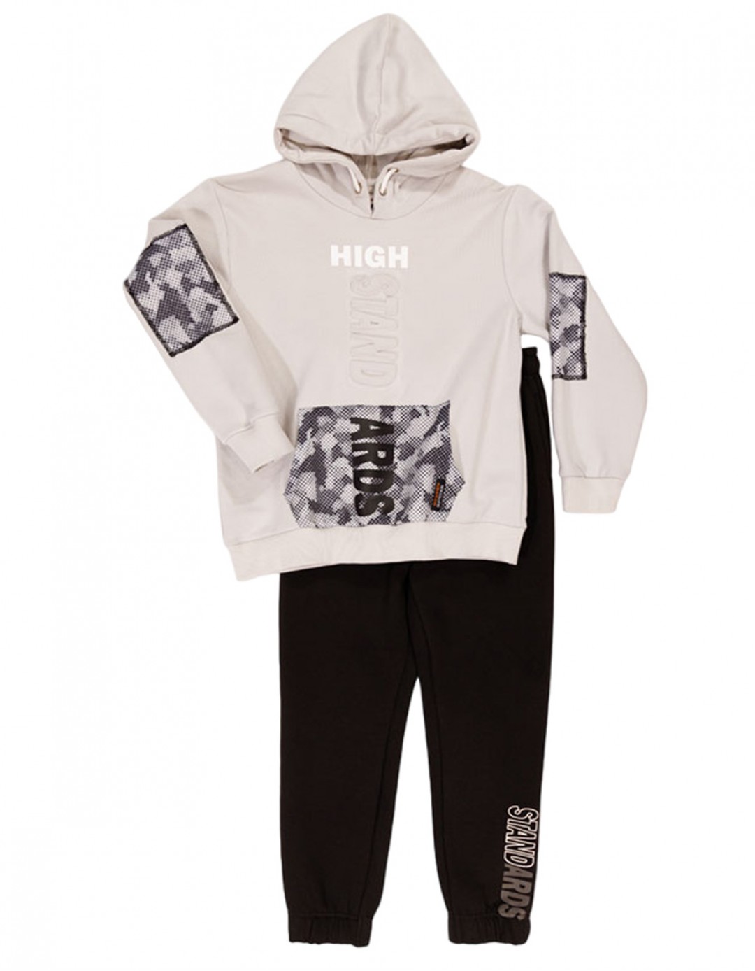 Παιδικό σετ φόρμα για αγόρι με κουκούλα, πάγου-ανθρακί, Regular Fit, 60% βαμβάκι-40% πολυεστέρας.