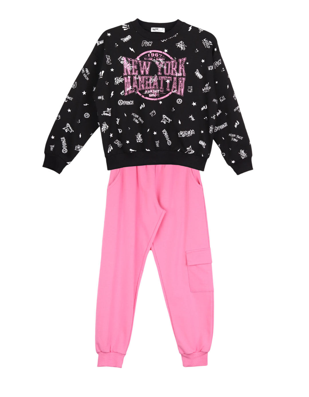 Παιδική Φόρμα για Κορίτσι Μαύρο Φούτερ & Ροζ Παντελόνι Cargo ,Regular Fit,100% βαμβάκι.